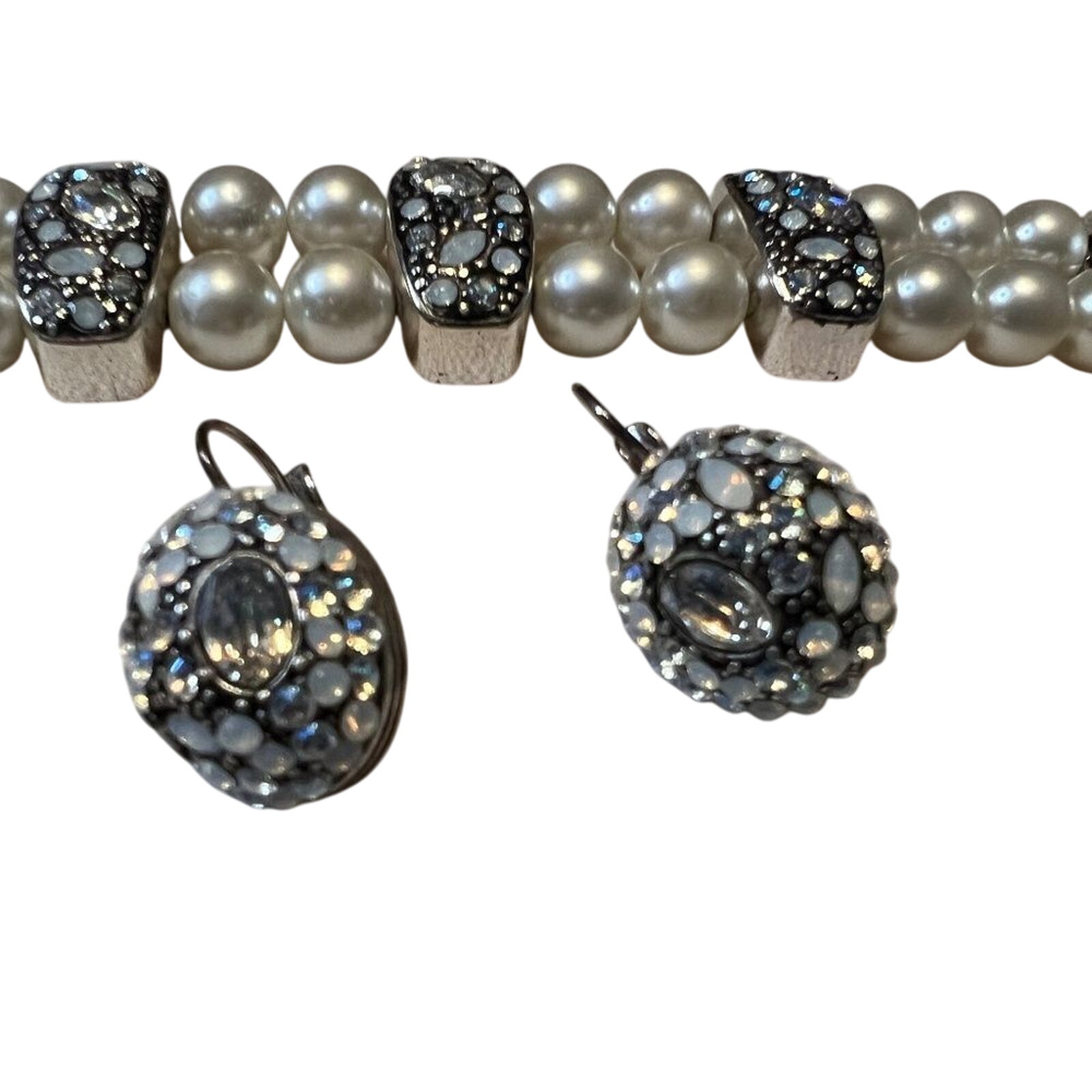 Bracelet And Earring Set Crystal Embellished Double Row Faux Pearl Silver Toned